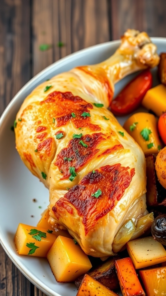 Crispy Air Fryer Chicken Leg Quarters Recipe Crispy air fryer chicken leg quarter garnished with herbs, served with roasted vegetables on a rustic table.